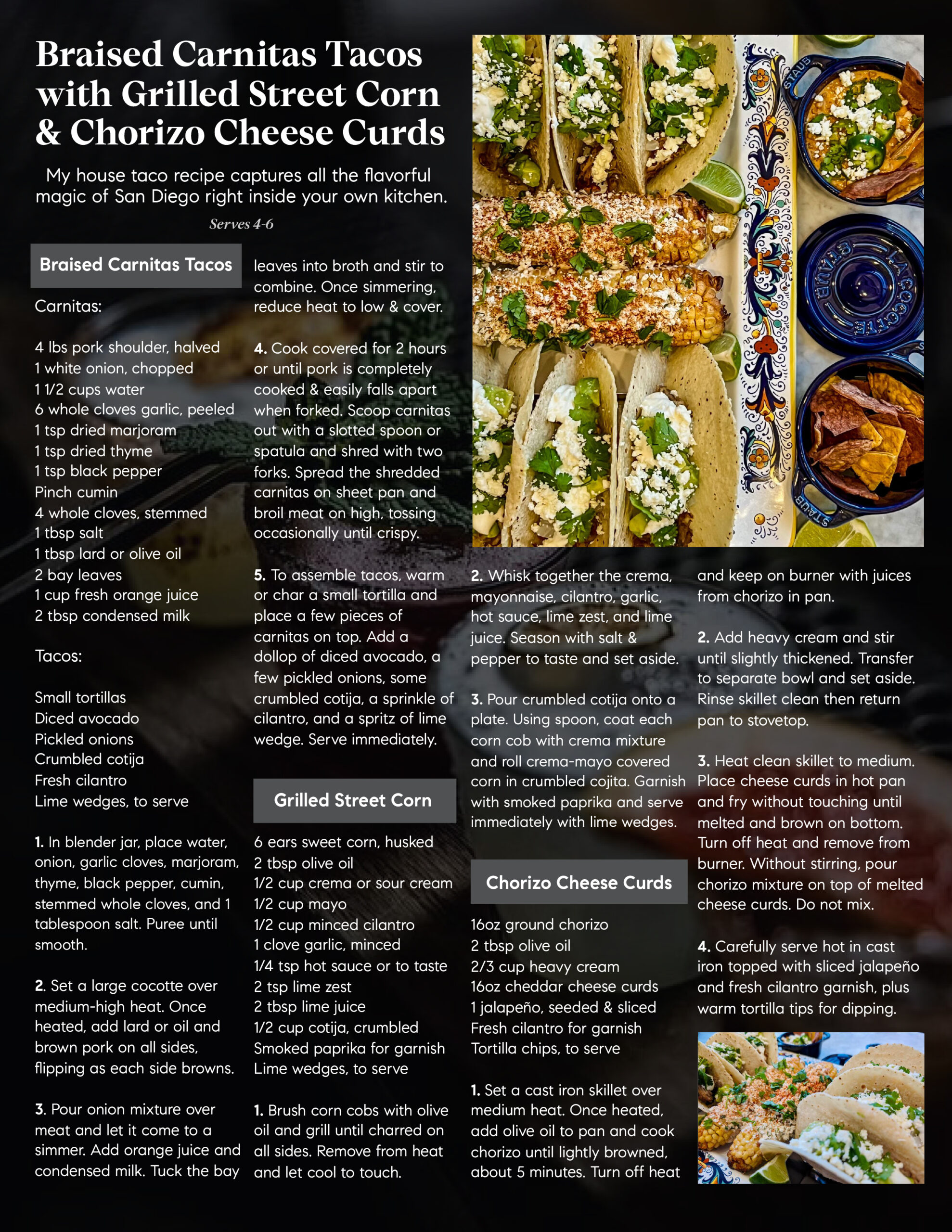 braised carnitas tacos recipe grilled street corn chorizo cheese curds portia green realtor compass