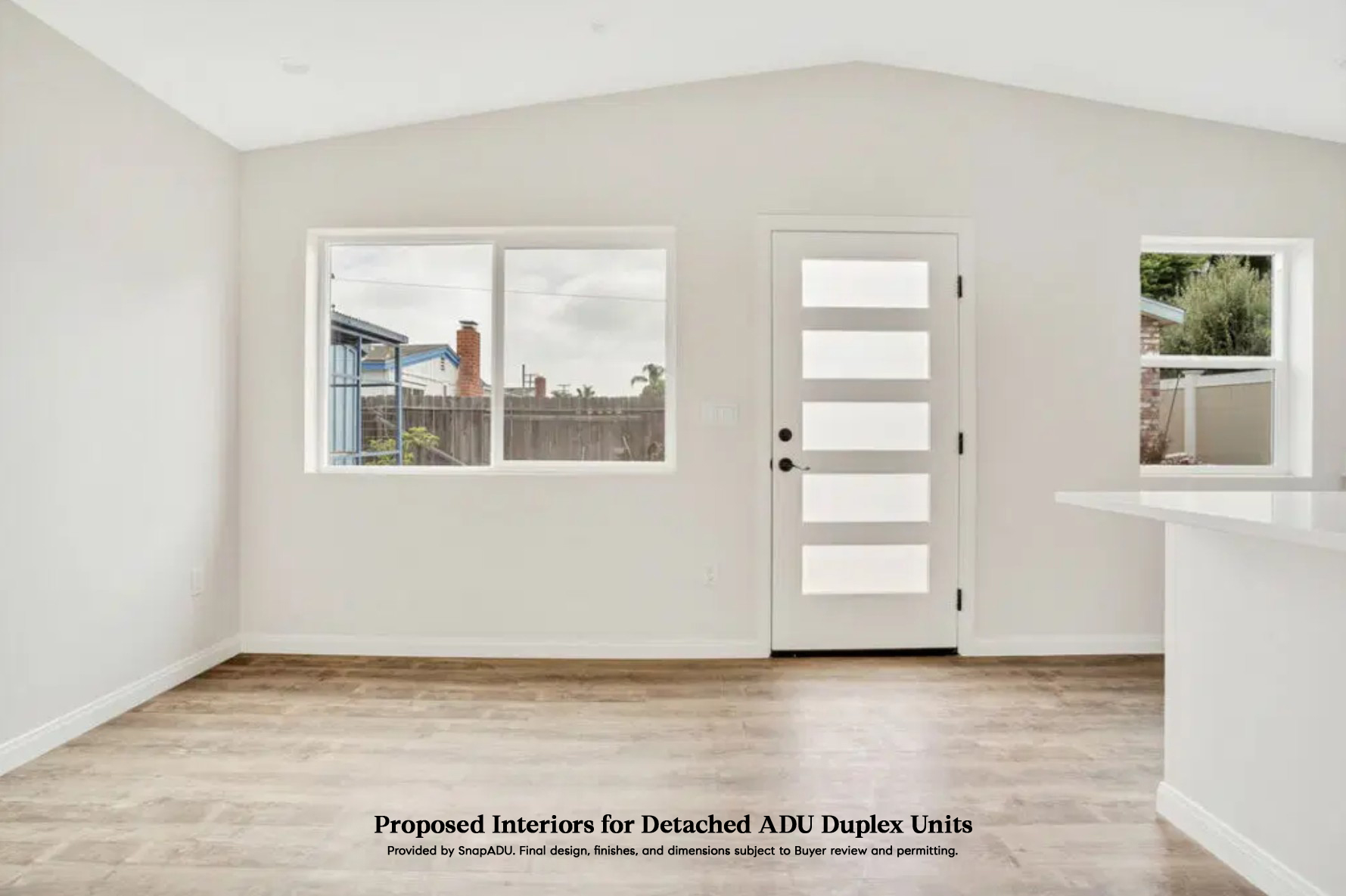 Proposed interior living area for the detached ADU duplex at 2146 Franklin Avenue in Logan Heights with large windows and private exterior entry. Listed by Portia Green, REALTOR® at Compass in San Diego.