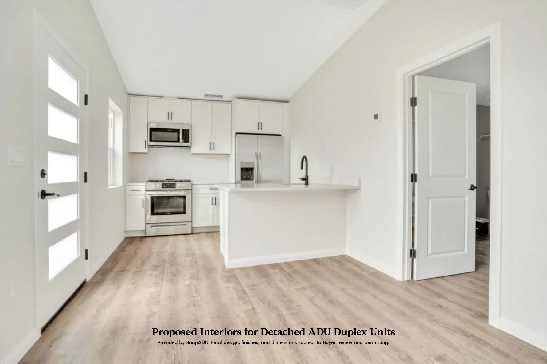 Proposed ADU kitchen design featuring stainless appliances, white cabinetry, and quartz counters for rental-ready layouts at 2146 Franklin Avenue. Listed by Portia Green, REALTOR® at Compass in San Diego.